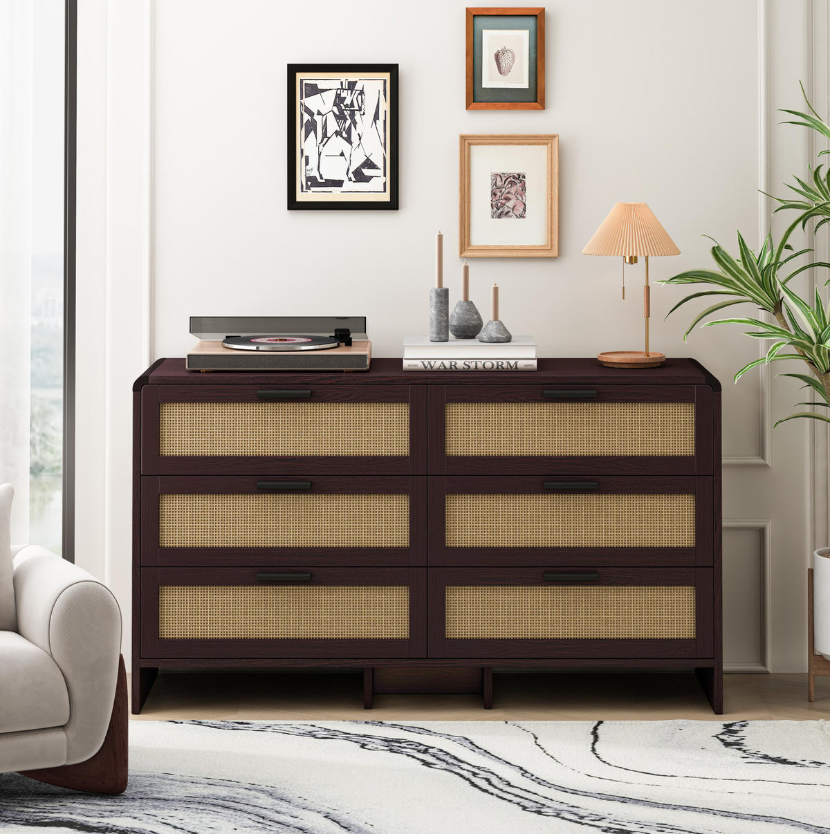 KOMMODE 130 cm in Rotbraun mit 6 Rattanschubladen und abgerundeten Ecken - Braun, Holzwerkstoff (130/74/40cm) - Flora Grace