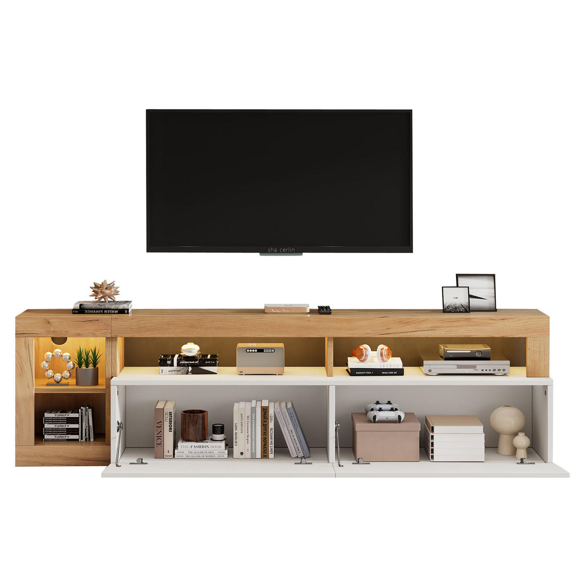 TV stolek 184/42/58 cm bílý z dřevotřísky s LED osvětlením a úložným prostorem - bílá, kompozitní dřevo (184/58/42cm) - OKWISH