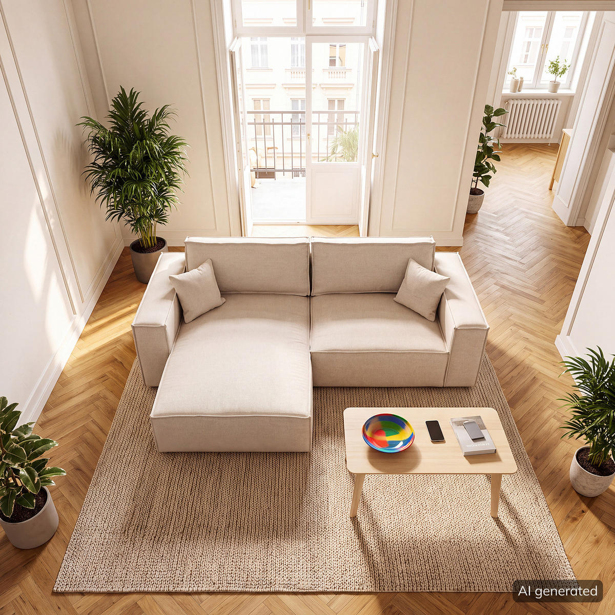 ECKSOFA mit Schlaffunktion - 255 cm - Beige/Schwarz, Kunststoff/Textil (255/148cm) - home24