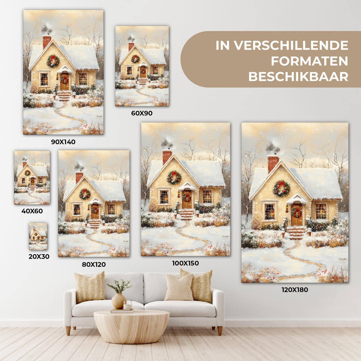 LEINWANDBILD Weihnachten - Zuhause - Winter - Schnee Deko Wohnzimmer 20x30 cm - Creme, Textil (20/30cm) - MuchoWow