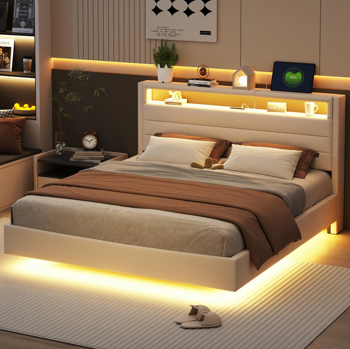 POLSTERBETT 160/200 cm mit LED-Beleuchtung, USB-Anschluss und gepolstertem Kopfteil - Beige, Textil (160/200cm) - BEAOK
