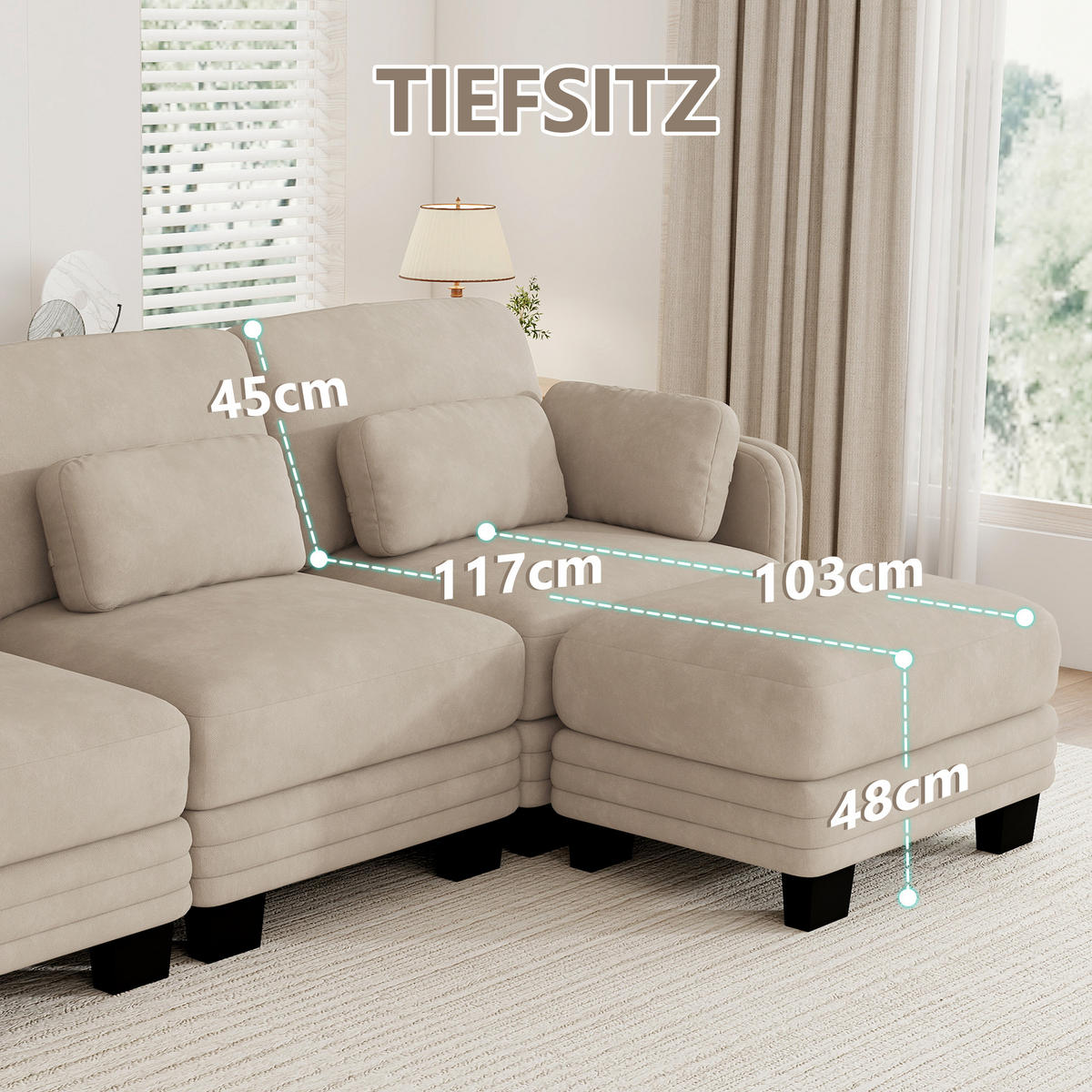 ECKSOFA 2-Sitzer L-Form mit Ottomane, DE-42686, Hellbraun - Hellbraun, Holz (176/143cm) - ComfortXL