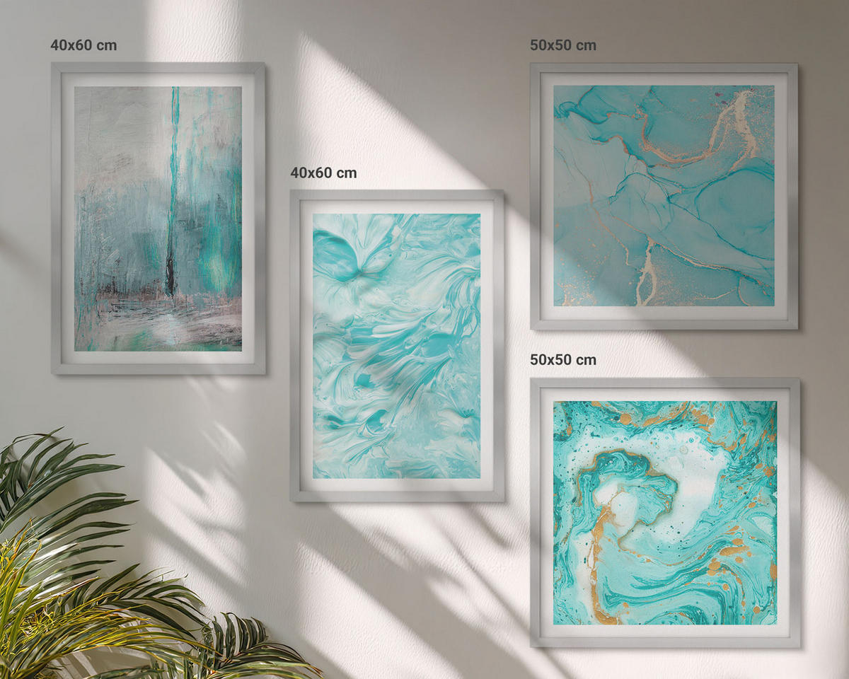 WANDBILDER 4er Set - 50x50 cm & 40x60 cm Silberner Rahmen - abstrakte Muster in Blautönen - Silberfarben, Kunststoff (50/50cm) - ArtPrintCave