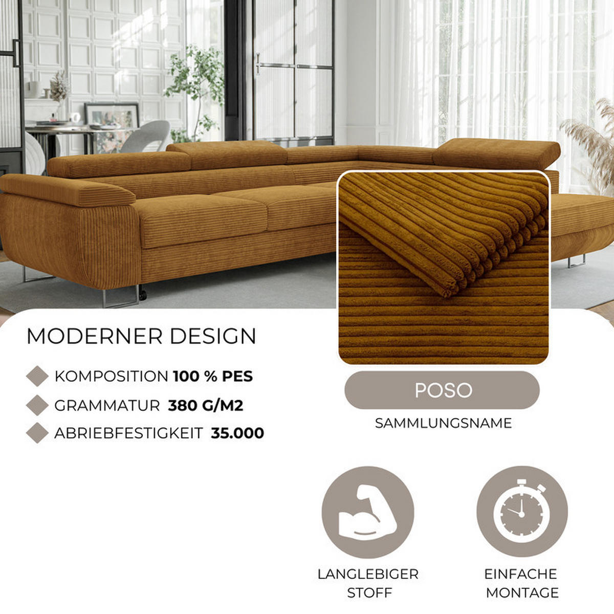 ECKSOFA ANTON mit Schlaffunktion und Bettkasten Senfgelb - Currygelb, Holzwerkstoff/Kunststoff (274/203cm) - Idohome