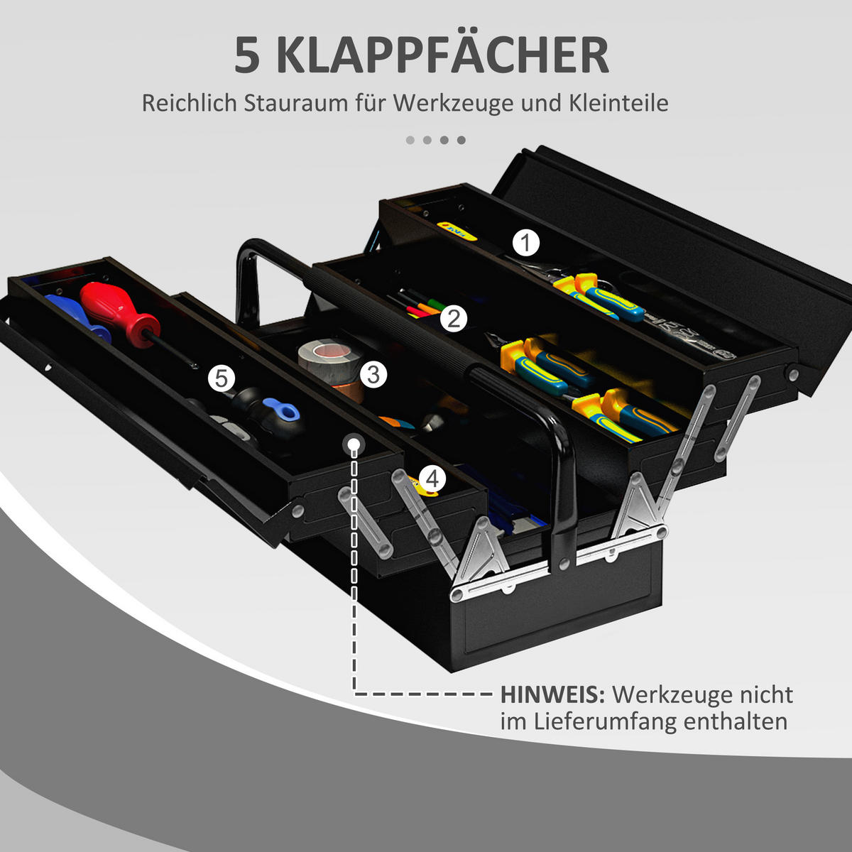 WERKZEUGKOFFER 5 Fächer aufklappbar, Schwarz 56 x 20 x 41 cm - Schwarz, Metall (56/41/20cm) - DURHAND