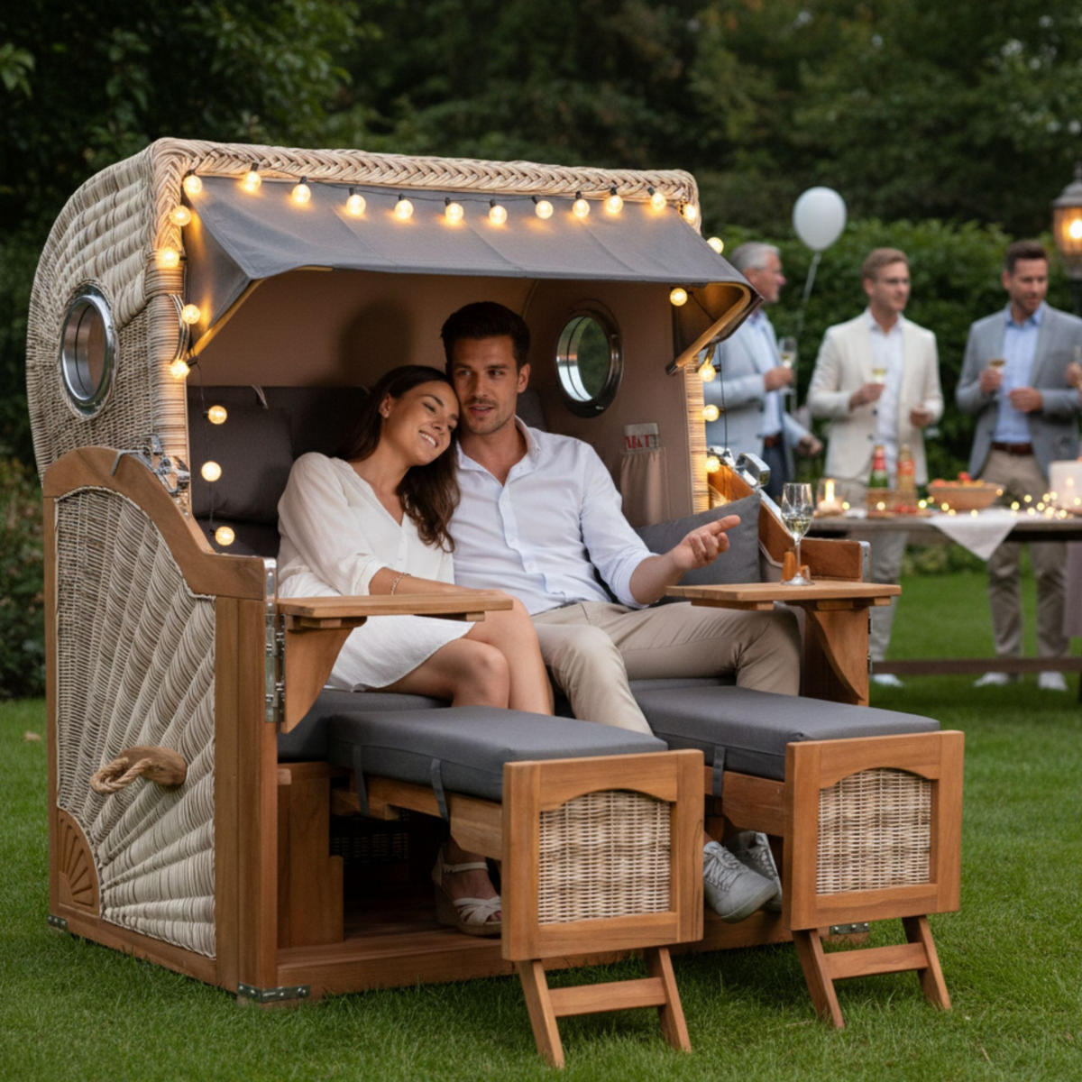 STRANDKORB XXL Düne Grande Teak PE Shell - Braun/Grau, Metall (142/170/95cm) - Mr. Deko