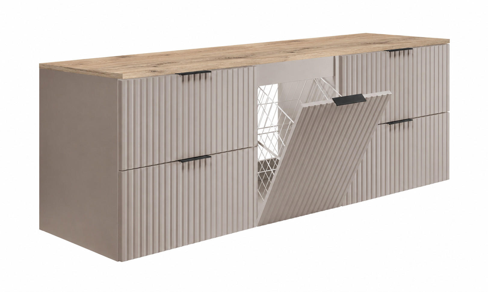 BADMÖBEL-SET MIT WÄSCHEKORB: Kaschmir / Platte Eiche Hell, Griffe Schwarz, 160 x 46 x 57 cm - Kaschmir/Eichefarben, Holzwerkstoff (160/57/46cm) - 3XE LIVING
