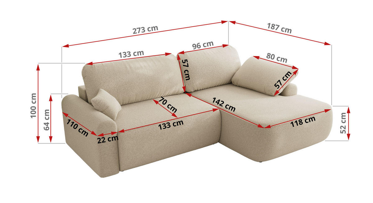 ECKSCHLAFSOFA CUBO L Beige Boucle - rechts - Beige/Schwarz, Kunststoff/Textil (187/273cm) - MKS