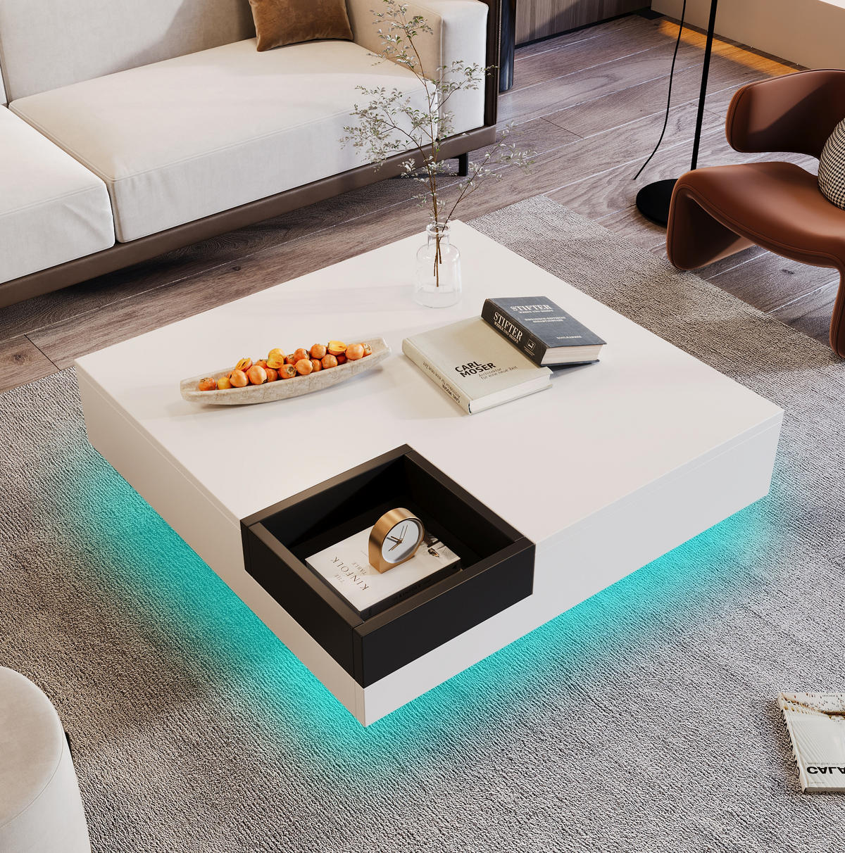 COUCHTISCH 72/72/30 cm in Weiß/Schwarz aus Spanplatte mit LED-Lichteffekt - Weiß, Holzwerkstoff (72/72/30cm) - OKMYHOME