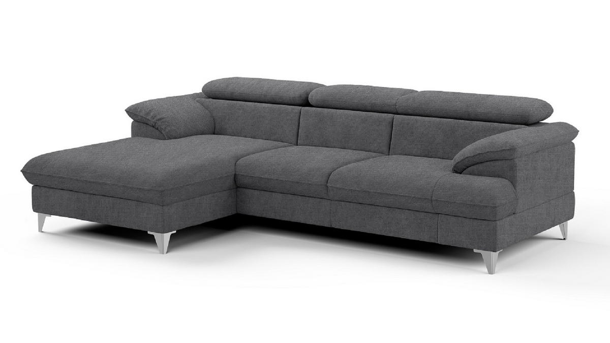 ECKSOFA mit Schlaffunktion und Bettkasten, verstellbare Kopfstützen - Chromfarben/Dunkelgrau, Textil/Metall (254/167cm) - Cotta