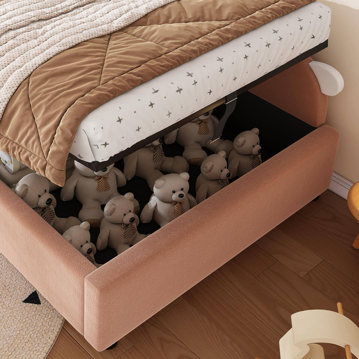 POLSTERBETT 90/200 cm Rosa mit Häschen-Kopfteil und Stauraum aus Samt - Dunkelrosa, Textil (90/200cm) - OKWISH