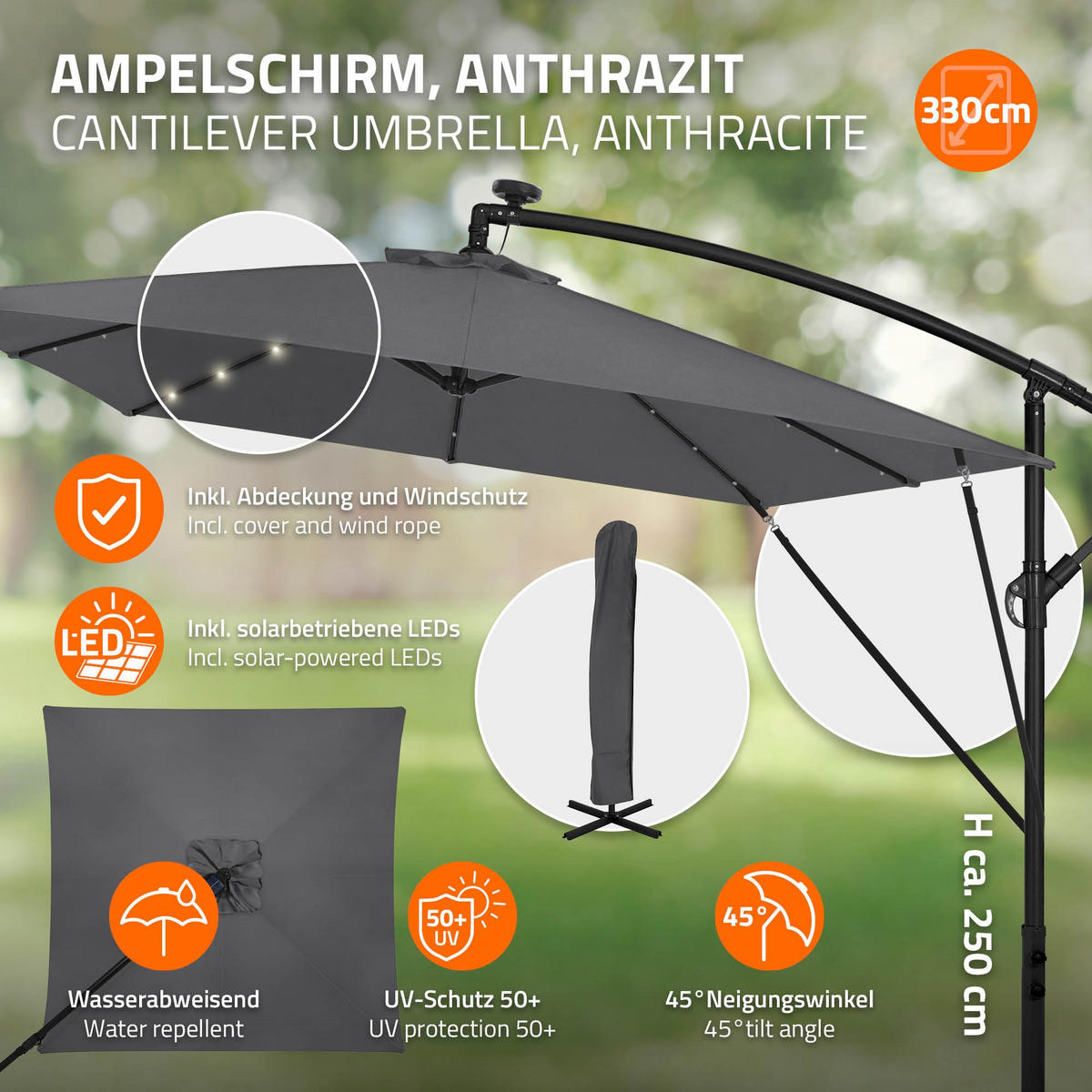 AMPELSCHIRM Ø 330 cm in Anthrazit aus Aluminium mit LED-Solar - Anthrazit, Metall (330/330cm) - ML-DESIGN
