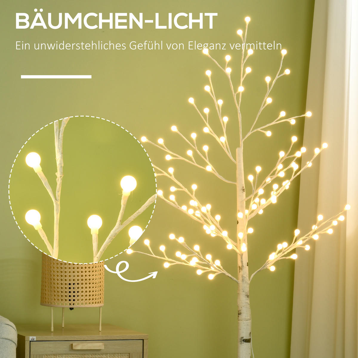 KÜNSTLICHE Birke mit 120 LED-Lichtern, 3 Helligkeitsstufen, faltbare Äste, 150 cm, Weiß - Weiß, Kunststoff (20/150/20cm) - HOMCOM