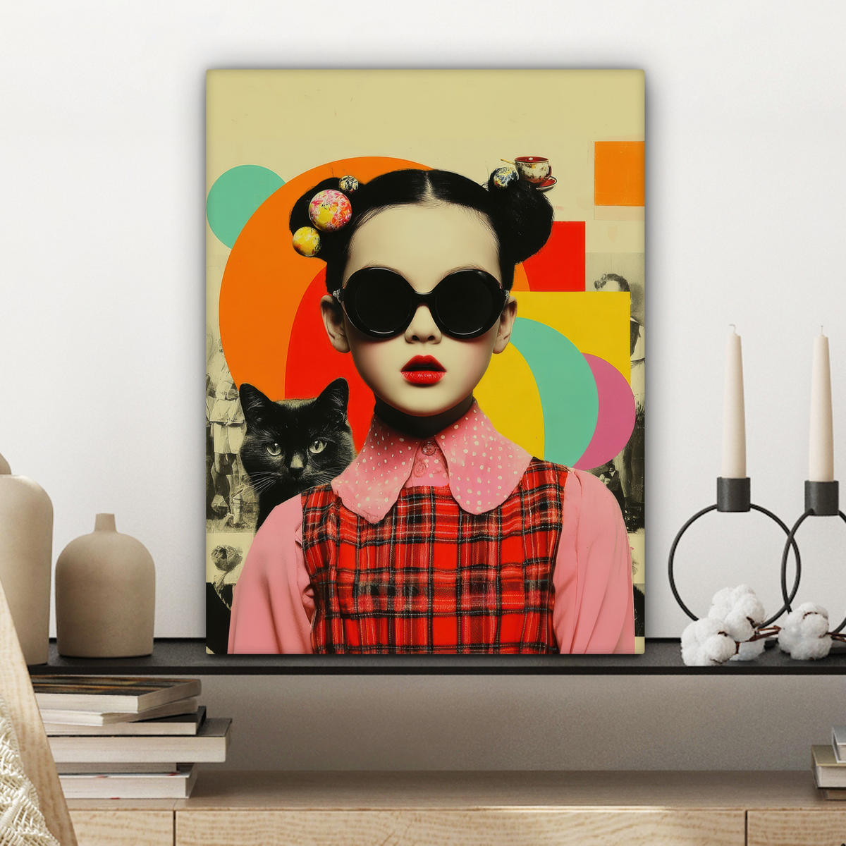 LEINWANDBILD Mädchen - Sonnenbrille - Katze - Retro Room Decor 30x40 cm - Beige, Textil (30/40cm) - MuchoWow