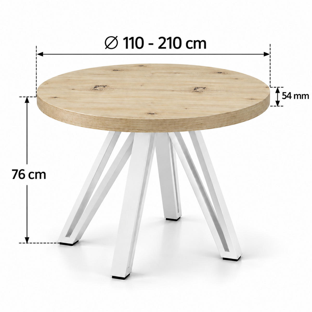 ESSTISCH rund ausziehbar 110/210/76 cm, Eiche Artisan, 54 cm Tischplatte + Industrial Metallgestell Weiß - Weiß/Eiche Artisan, Holzwerkstoff/Metall (110/210/76cm) - Damale Möbel