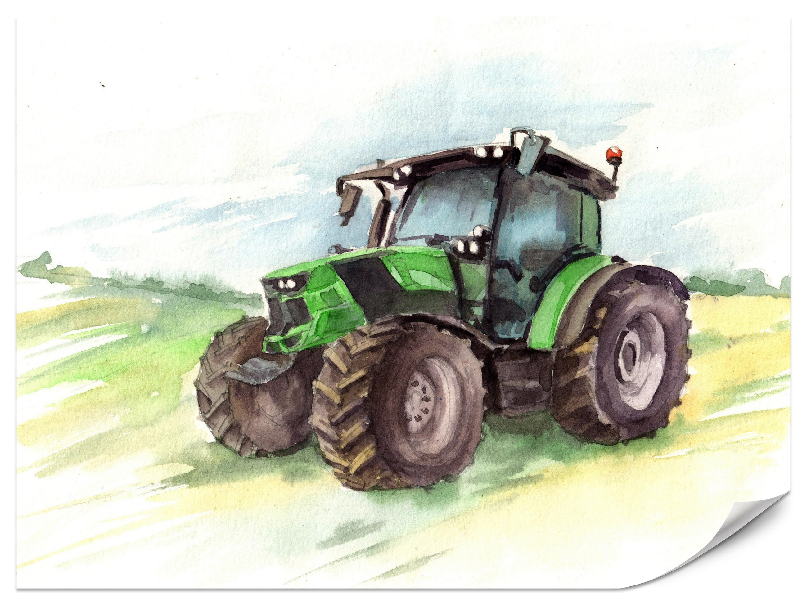 FOTOTAPETA Pre Detskú Izbu Akvarel Zelený Traktor Pole 350 x 256 cm - hnedá/čierna, papier (350/256cm) - Muralo
