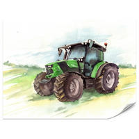 FOTOTAPETA Pre Detskú Izbu Akvarel Zelený Traktor Pole 350 x 256 cm - hnedá/čierna, papier (350/256cm) - Muralo