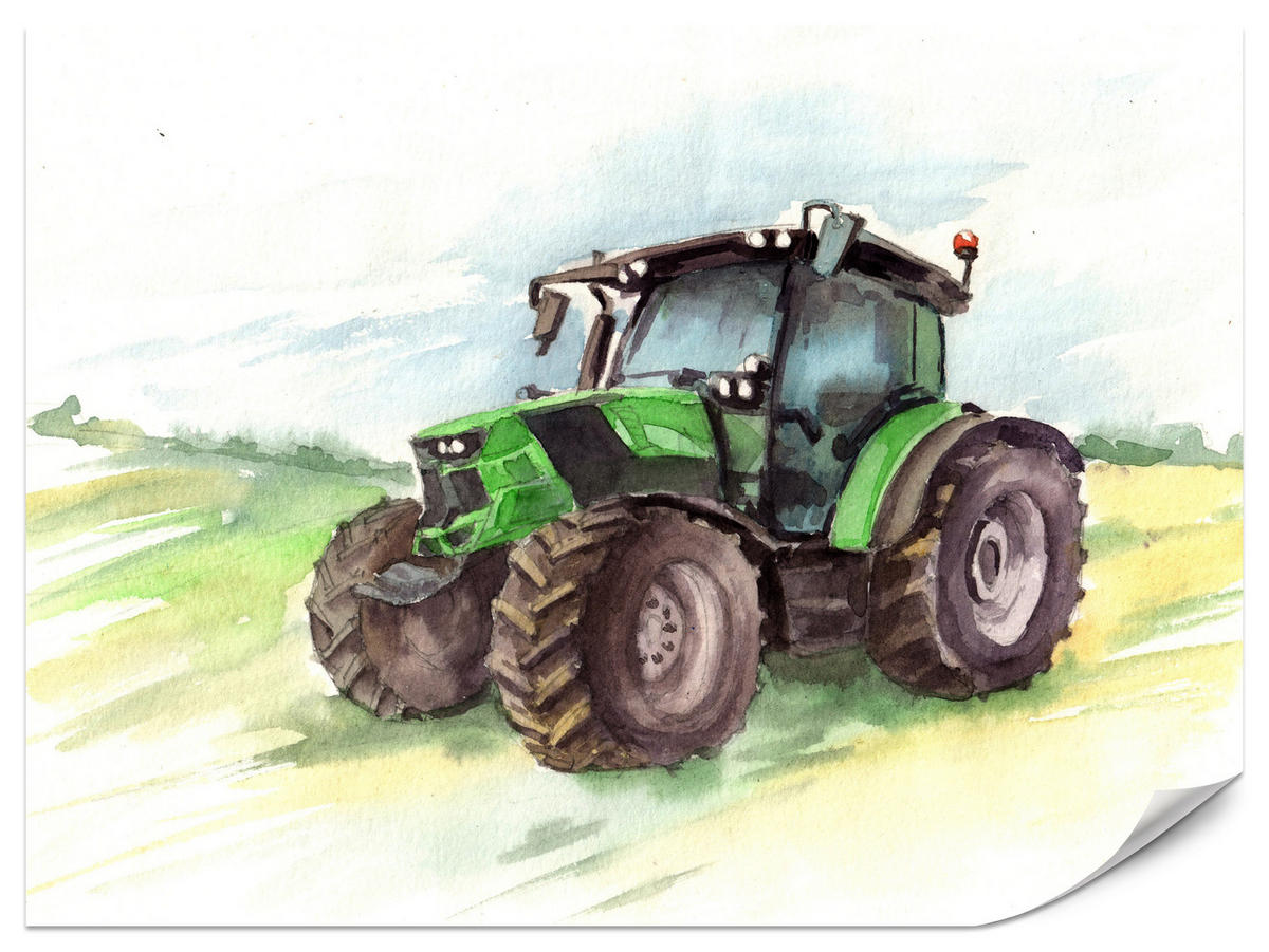 FOTOTAPETA Pre Detskú Izbu Akvarel Zelený Traktor Pole 350 x 256 cm - hnedá/čierna, papier (350/256cm) - Muralo