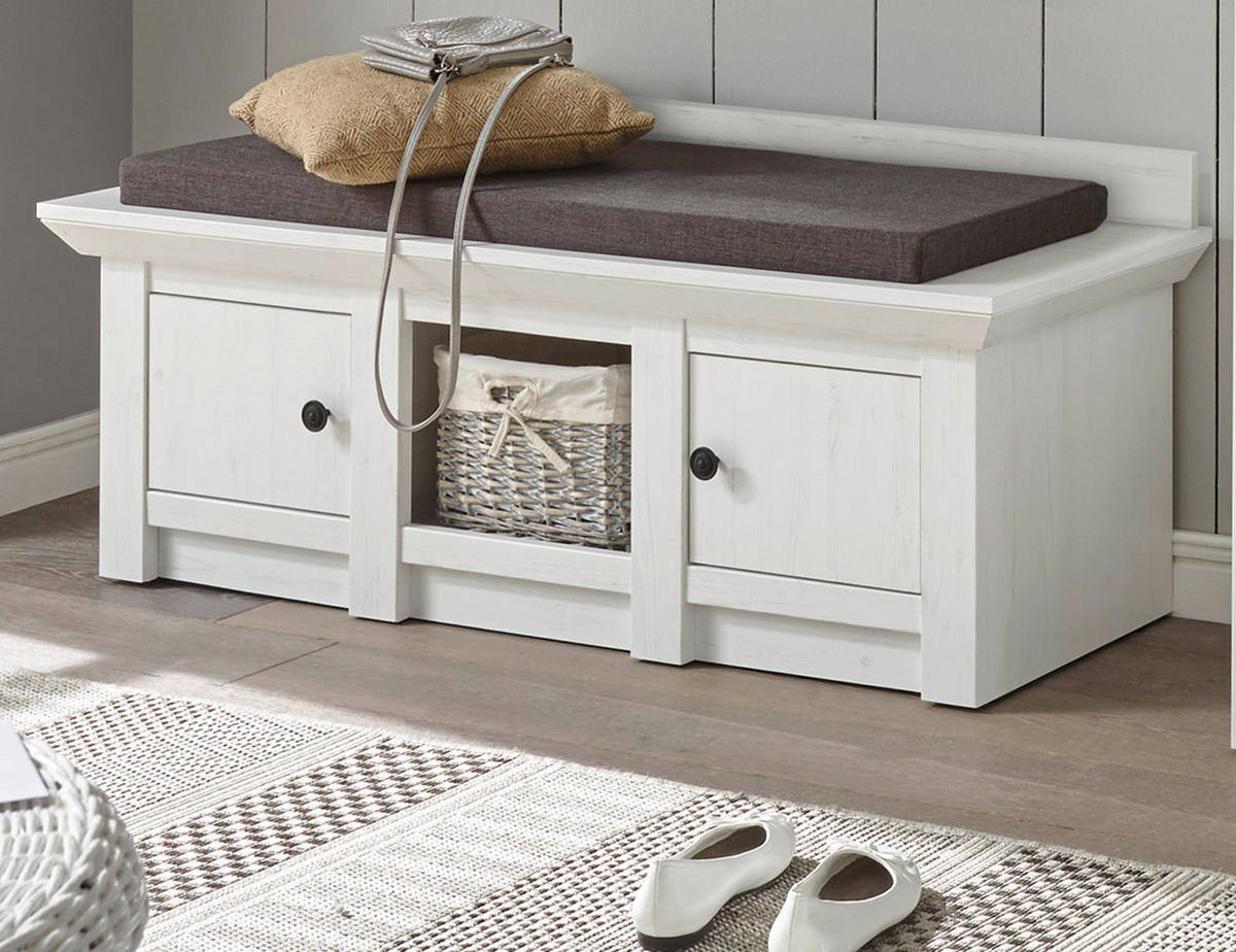 GARDEROBENBANK Pinie weiß 124 cm, Schuhbank mit Stauraum - Schwarz/Weiß, Holzwerkstoff/Metall (124/42/45cm) - Furn.Design