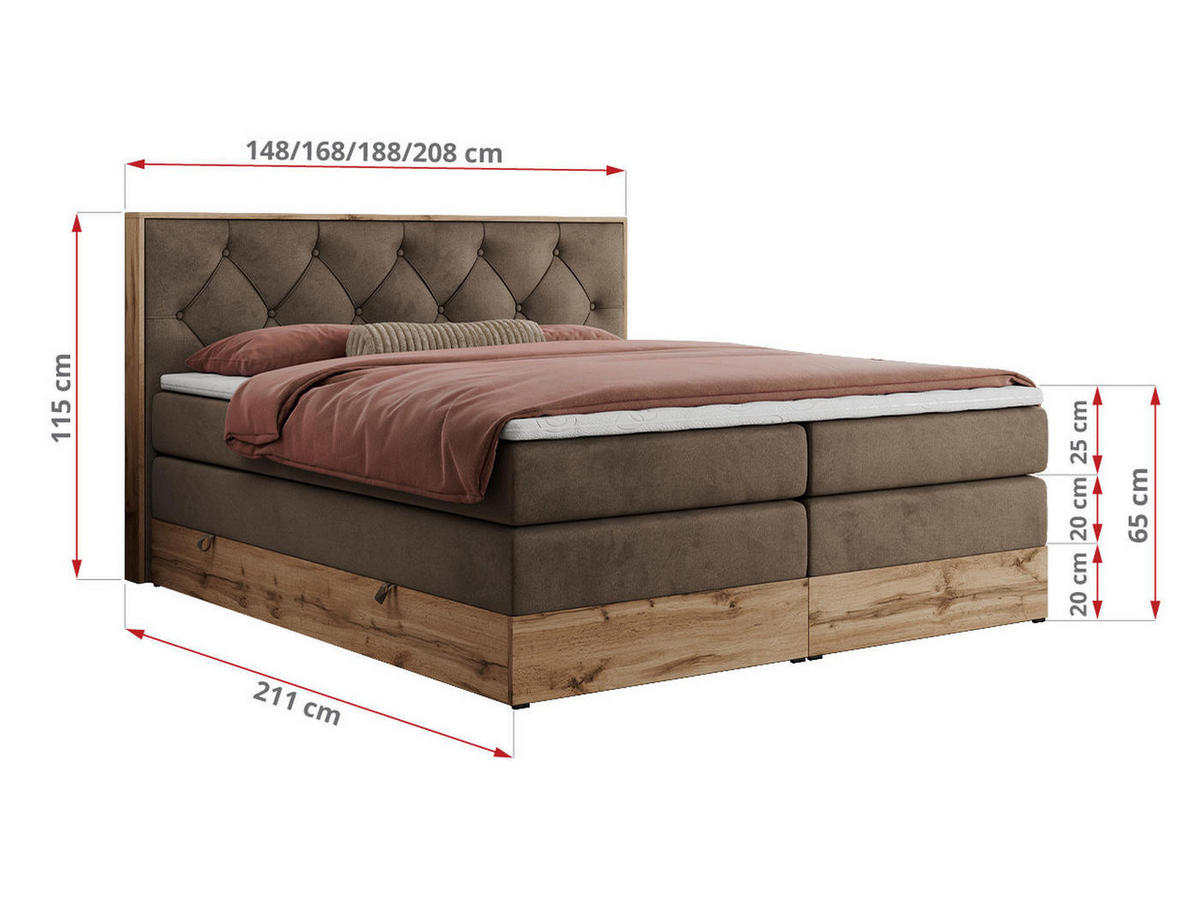 BOXSPRINGBETT VENETO KING 140/200 Braun Velvet - H3 - Braun, Holz/Textil (140/200cm) - MKS