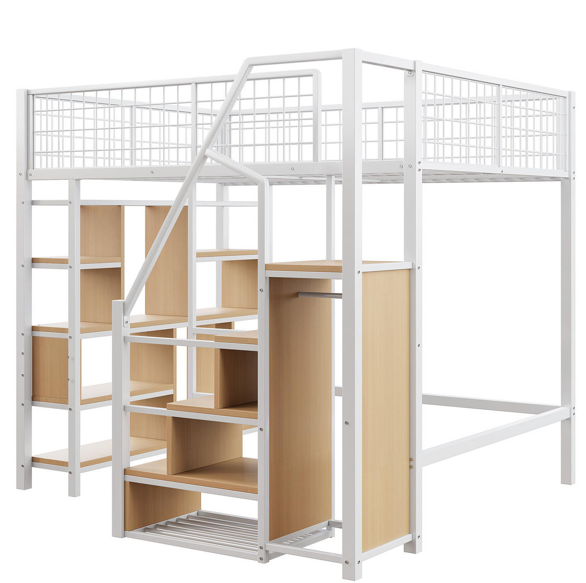 HOCHBETT 140/200 cm in Weiß mit Stauraumtreppe und vielseitigem Unterbettbereich - Weiß, Metall (140/200cm) - Flora Grace