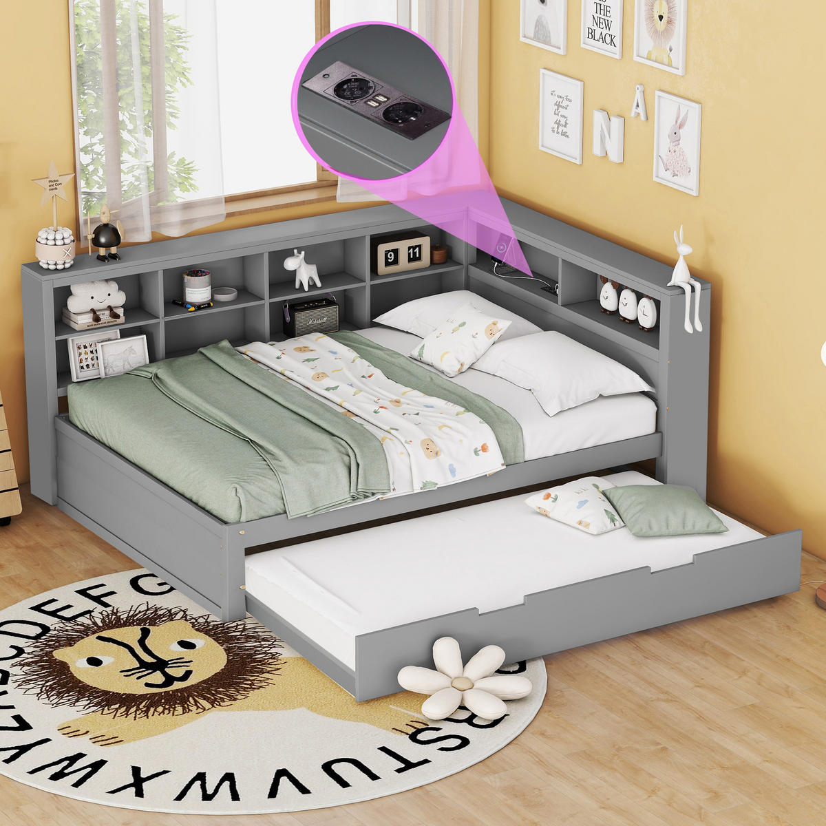 MULTIFUNKTIONSBETT 140/200 cm grau mit Ausziehbettund USB-Steckdose aus Massivholz - Grau, Holz (140/200cm) - OKWISH