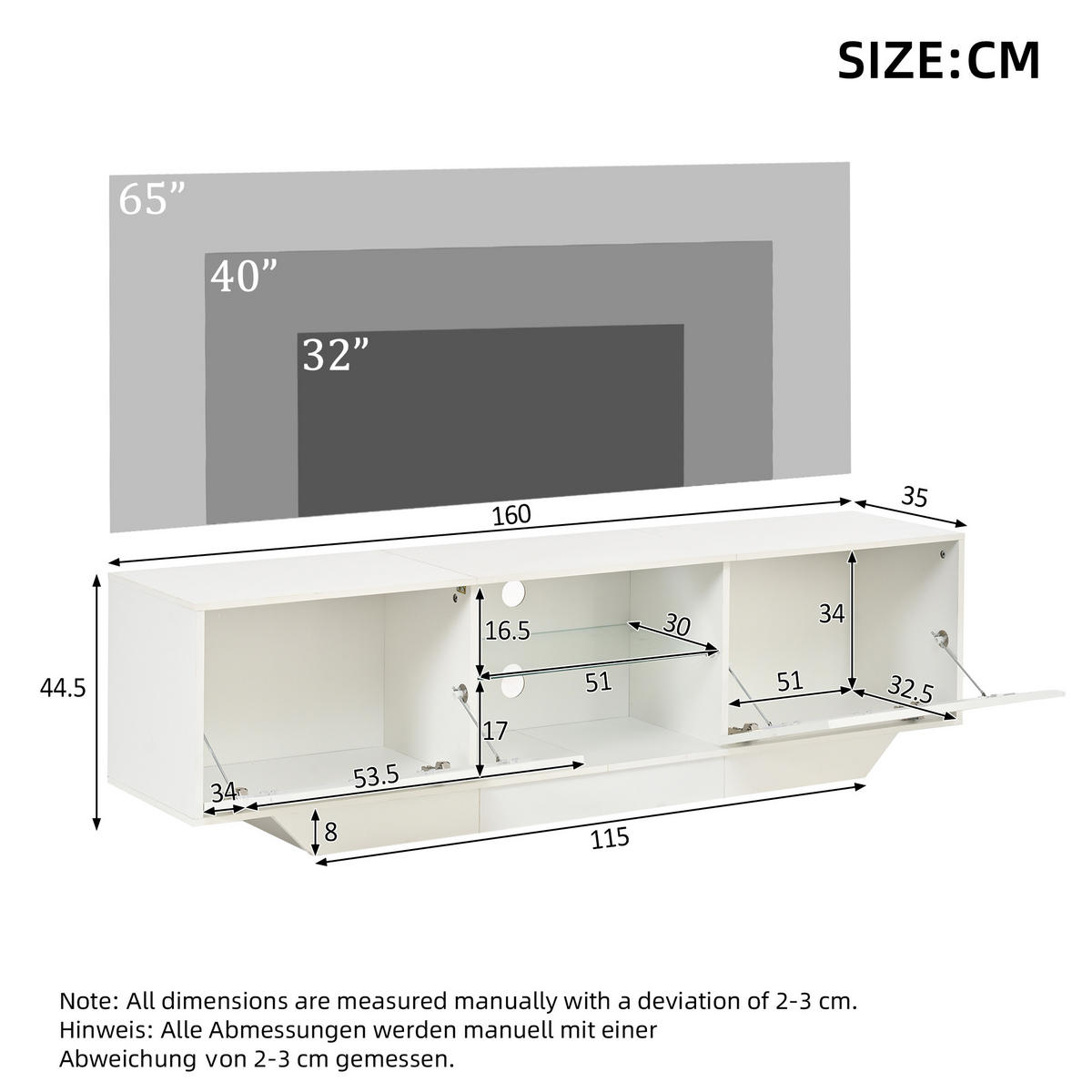 TV-ELEMENT160X35X44,5CM TV-Board Weiß Hochglanz mit RGB-LED-Beleuchtung für 65-Zoll - Weiß, Holz (45.01/27/92.99cm) - Raelunyi