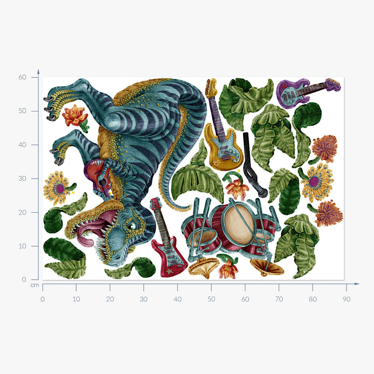 WANDAUFKLEBER 60x89cm - Musikalischer Dino - Multicolor, Kunststoff (60/89/0.1cm) - Wallfluent