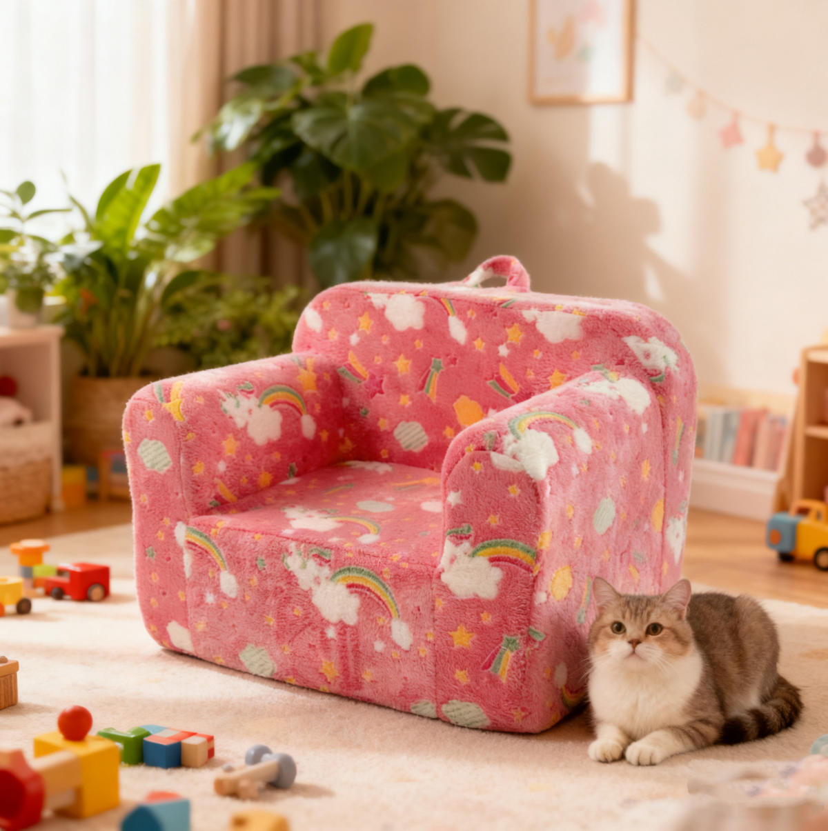 KINDERSOFA Stoff mit Schaumfüllung abnehmbarer Bezug, leuchtendem Muster 49/64/49 cm Rosa - Rosa, Textil (64/49/49cm) - Redom