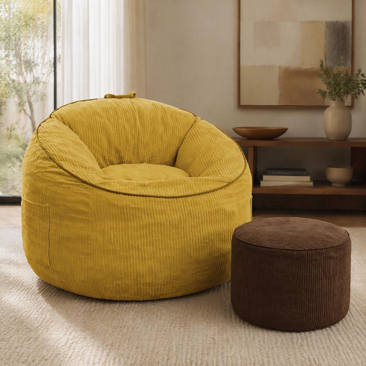 SITZSACK mit Hocker 2er-Set Gelb Flanell - Gelb, Kunststoff (95/80/103cm) - Meubliv