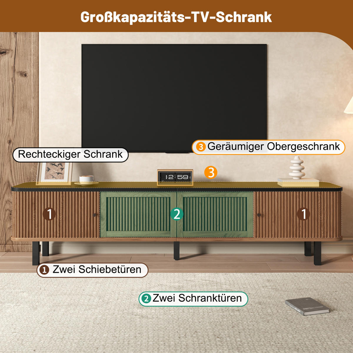 TV ormarić od MDF-a i iverice 190x35x45 cm boja hrasta s kliznim vratima, rešetkastim frontama i velikim prostorom za pohranu - smeđa, drvni materijal (190/45/35cm) - Modfu