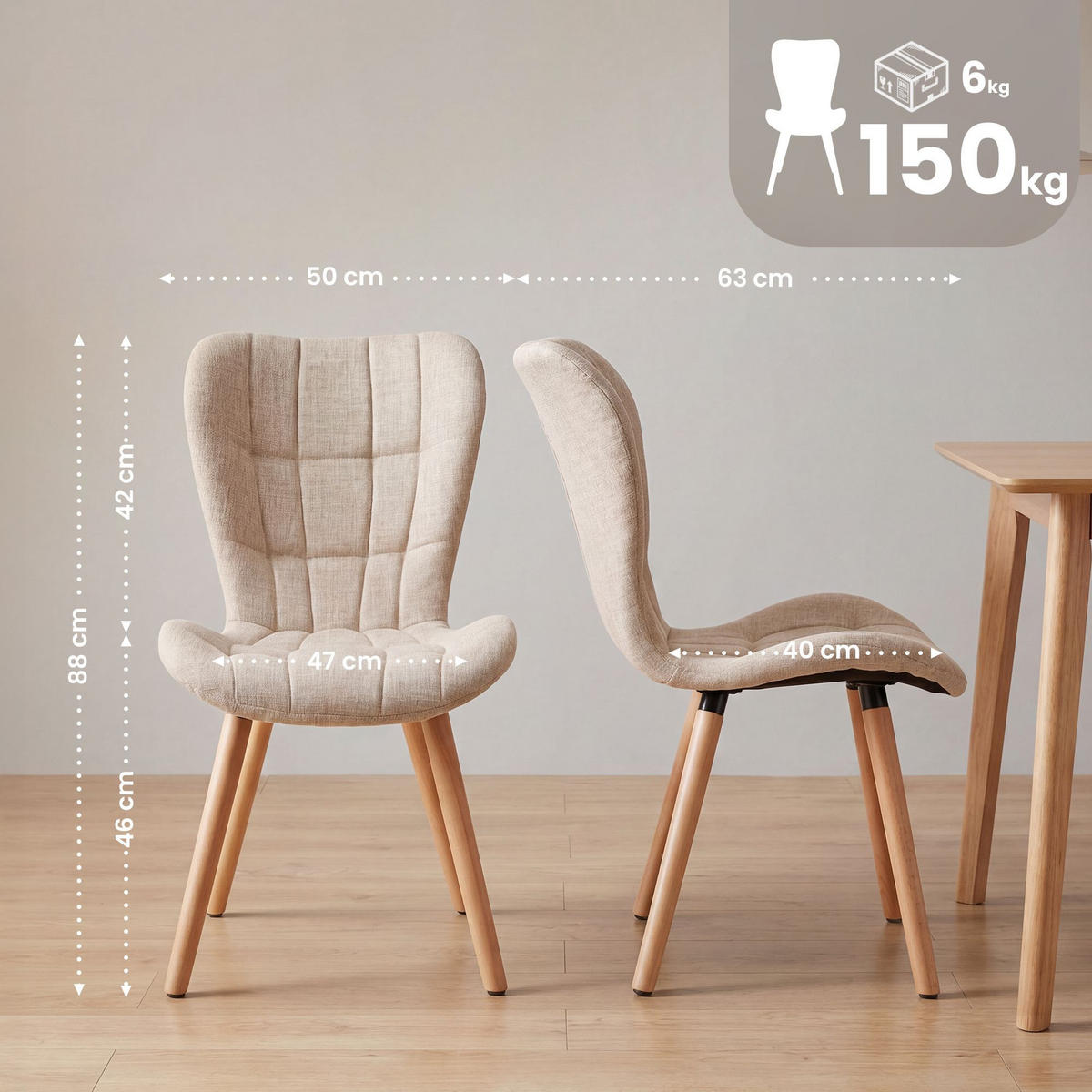 STUHL 4 Stoff Creme - Eukalyptusholzfarben/Creme, Holz/Textil (50/88/63cm) - CLP