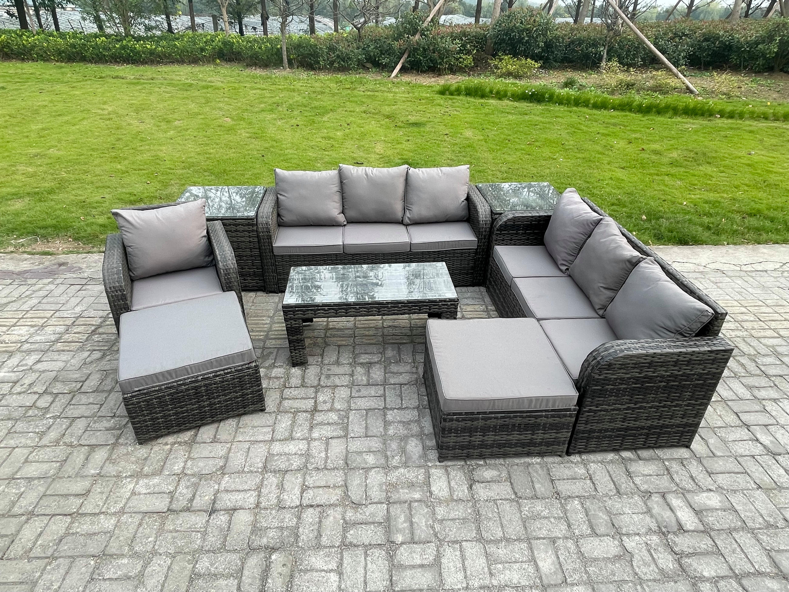 GARTENSOFA SET mit rechteckigem COUCHTISCH Polyrattan 9-Sitzer Dunkelgrau - Dunkelgrau/Grau, Glas/Kunststoff - Fimous