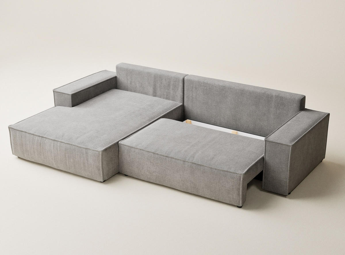 ECKSOFA Maze Beige grau Chenille-Stoff - Links Seite - Greige/Schwarz, Holz/Holzwerkstoff (185/294cm) - Maison de Reve