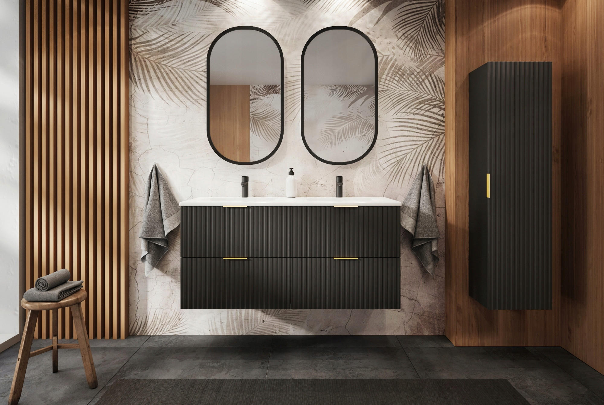 BADMÖBEL-SET 2-tlg Schwarz matt 120/57/46 cm und 35/136/27 cm - Schwarz, Holzwerkstoff (120/57/46cm) - Rodan