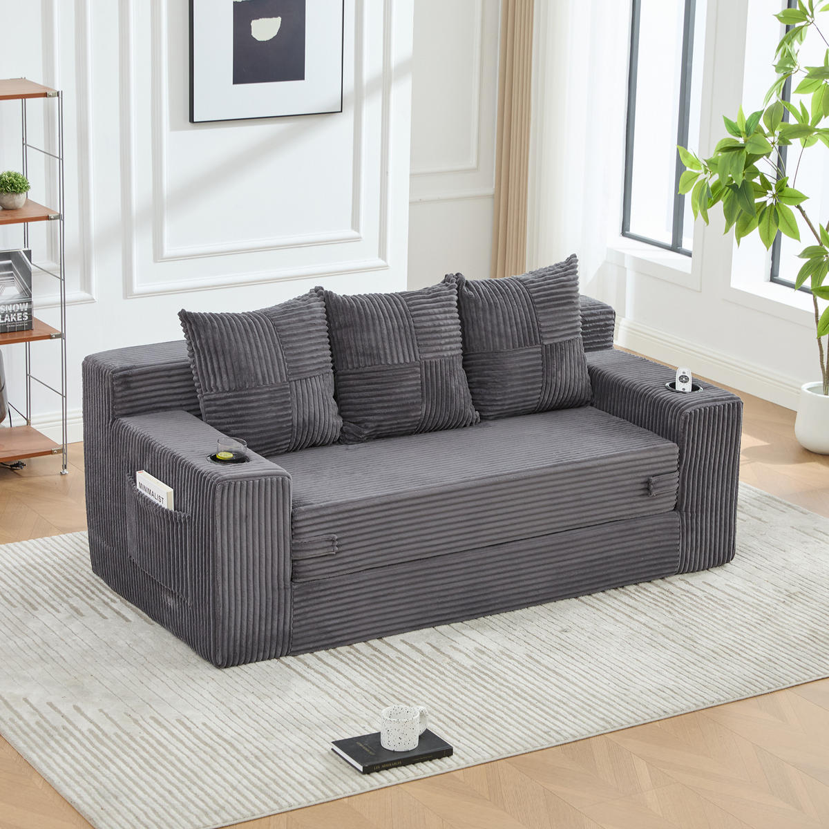 2-SITZER Bodensofa ausklappbar, Getränkehalter/Seitentaschen, Cord, Grau - Grau, Textil (172/64/87cm) - LVHOM