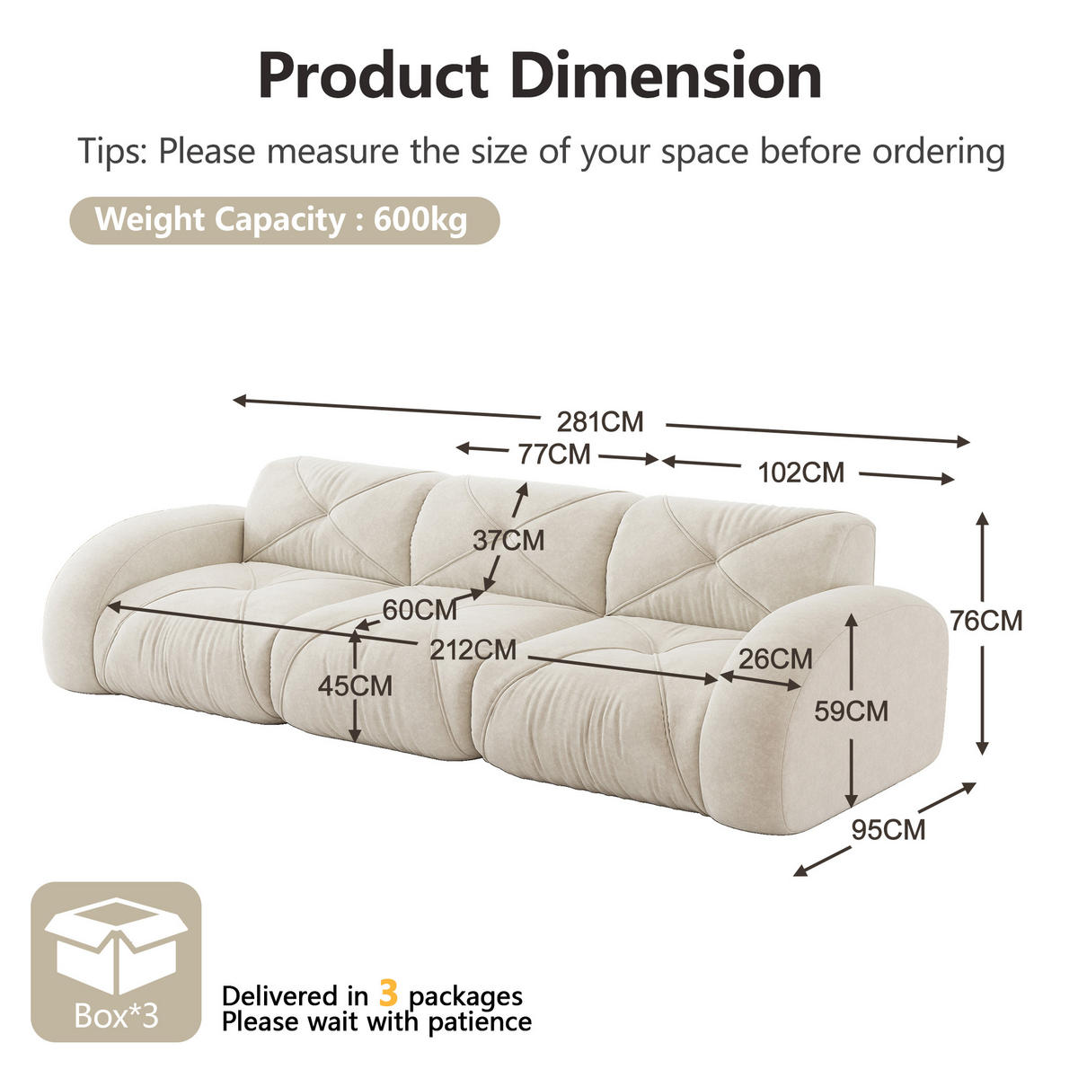 3-SITZER Sofa 281×95×76 cm Chenille rahmenlos modular, weiß - Weiß, Textil (95/76/281cm)