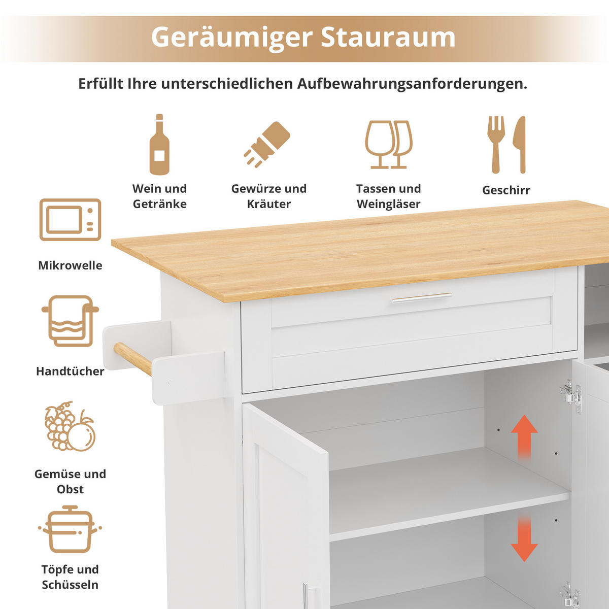 KÜCHENWAGEN 132,5/44(70)/90 cm in Weiß/Eicheoptik mit klappbarer Arbeitsplatte - Weiß, Holzwerkstoff (132.5/90/70cm) - Flora Grace