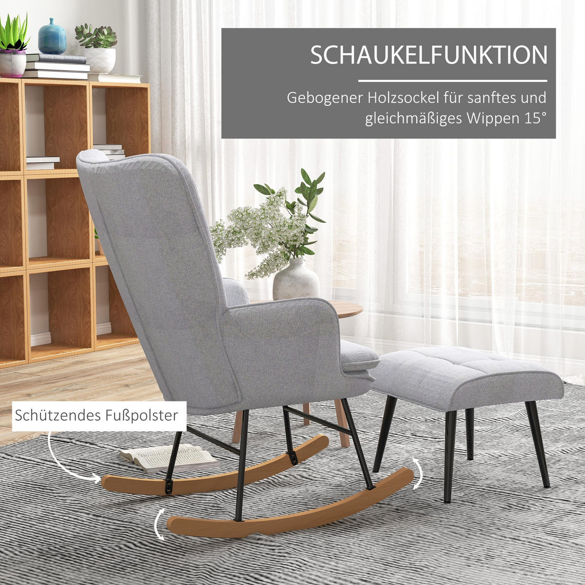 SCHAUKELSTUHL Hellgrau mit Hocker, Leinenoptik - Hellgrau, Textil (89/90/64cm) - Oxeza