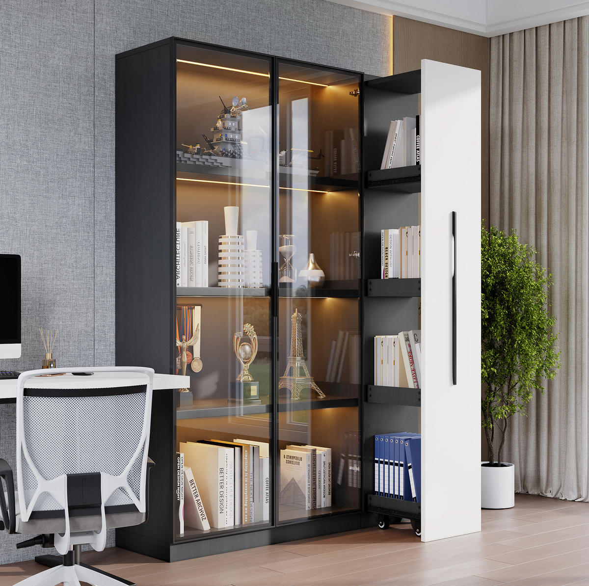 VITRINE 110.5/35/160 cm schwarz/weiß aus MDF mit LED-Beleuchtung - Schwarz, Holzwerkstoff (35/160/110.5cm) - OKMYHOME