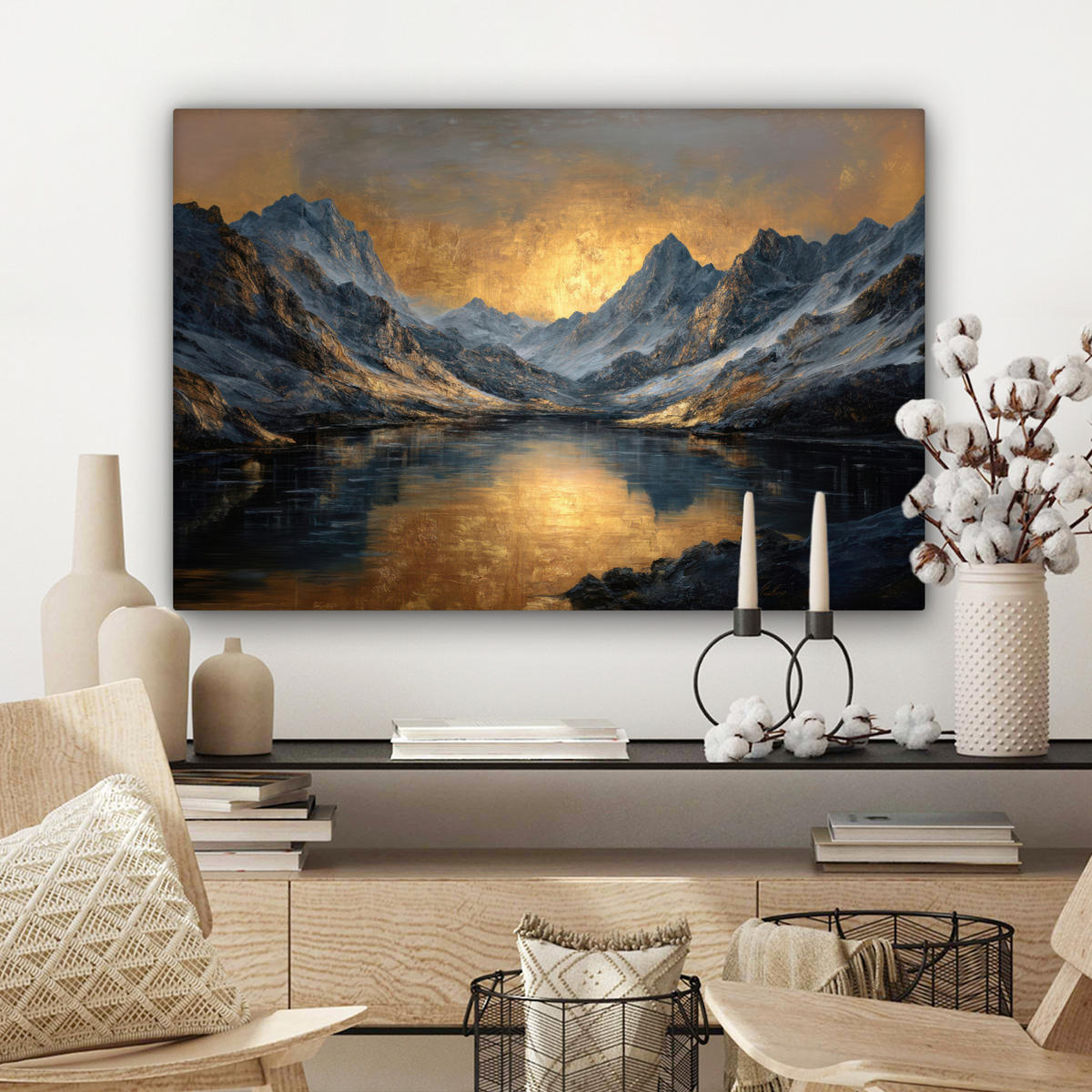 LEINWANDBILD Bergkulisse mit goldenem Sonnenuntergang Wanddeko 90x60 cm - Goldfarben, Textil (90/60cm) - MuchoWow