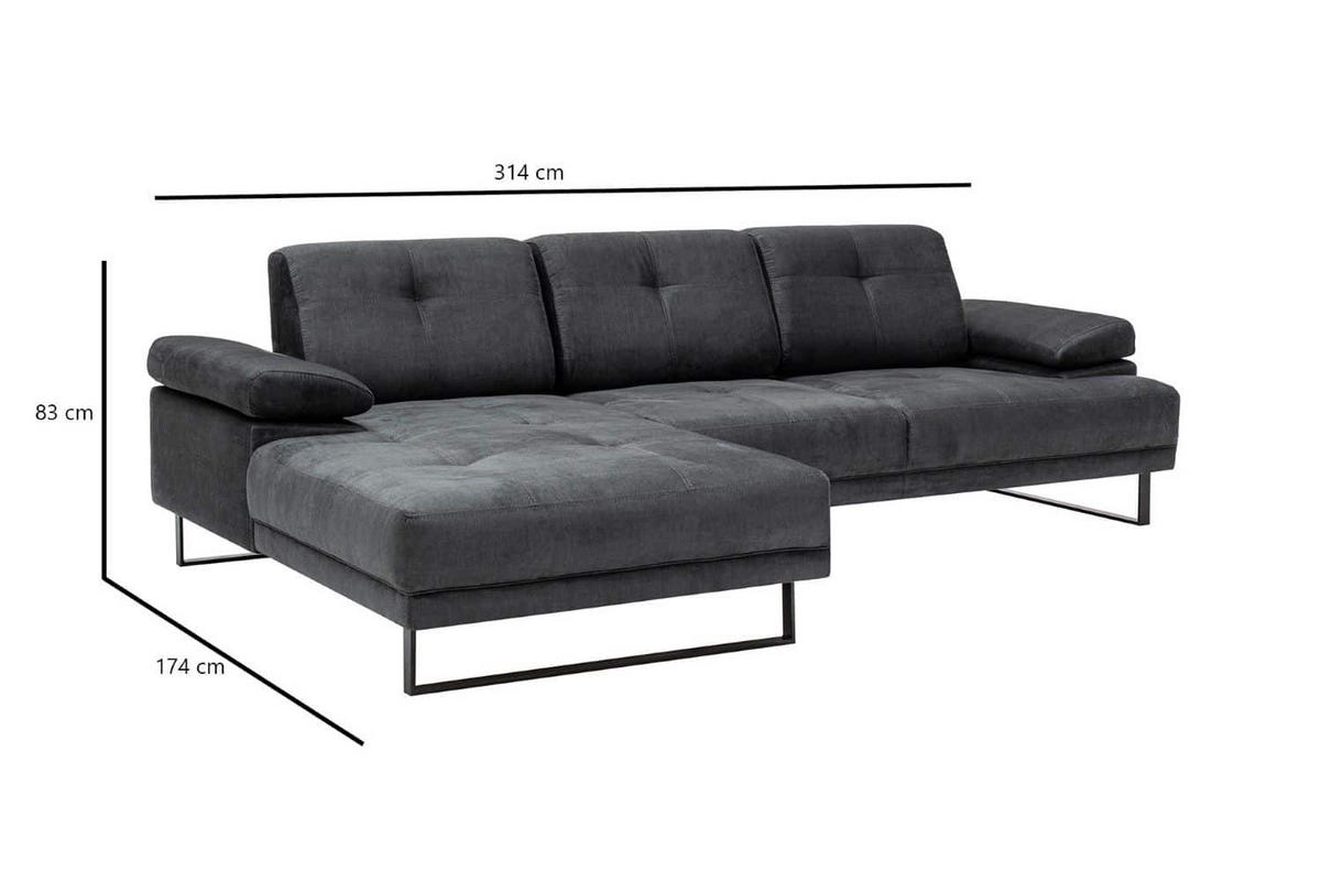 ECKSOFA mit verstellbarer Rückenlehne - Anthrazit/Schwarz, Textil/Metall (314/174cm) - myHomelando