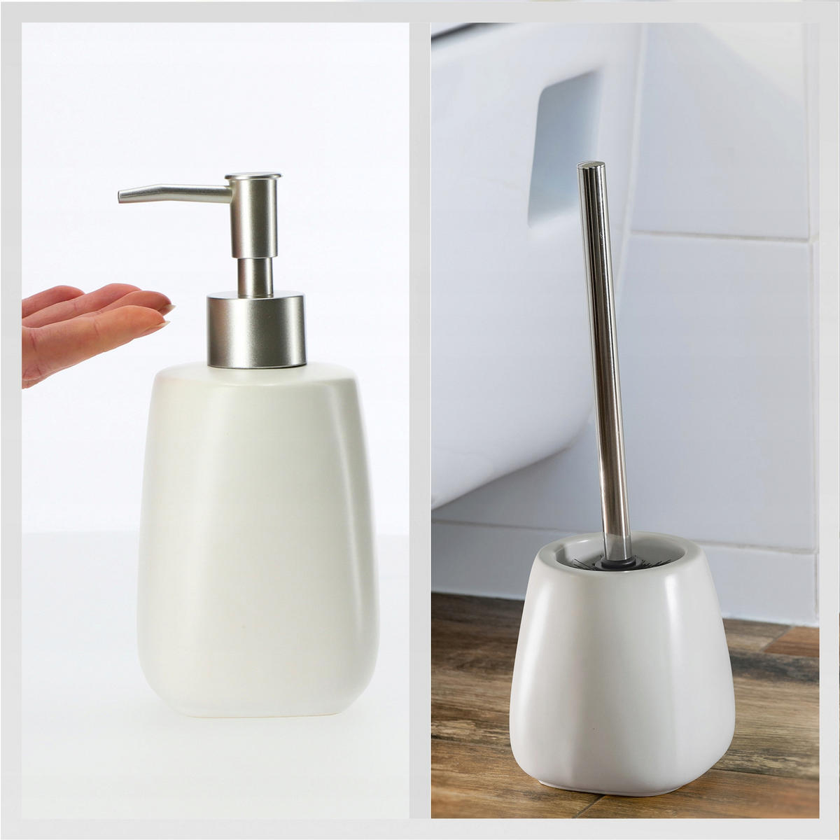 BADEZIMMERSET SEIFENSPENDER + WC-Bürstengarnitur, weiß - Weiß, Keramik/Kunststoff (12/36cm) - KADAX