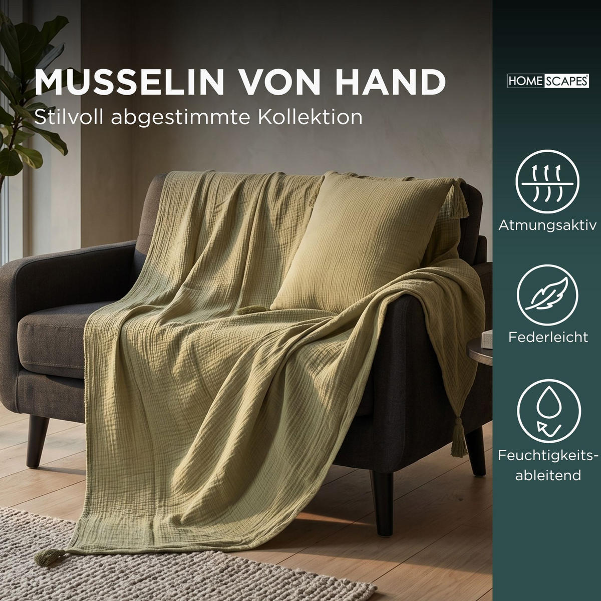 WOHNDECKE Musselin salbei mit Quasten - Salbeigrün, Textil (127/180cm) - Homescapes