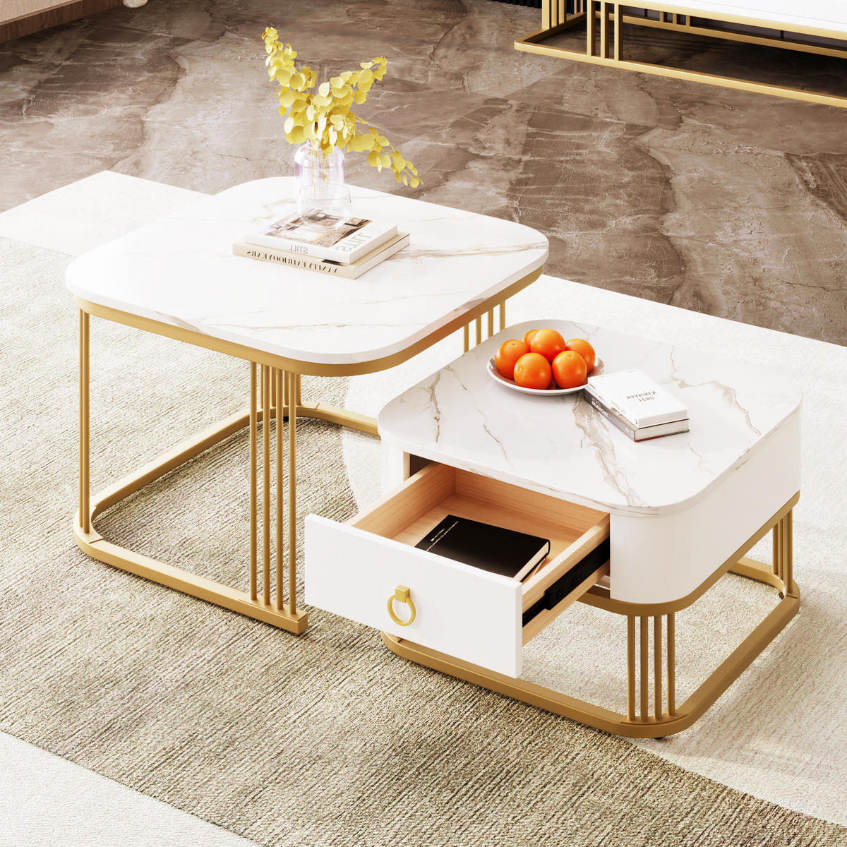 COUCHTISCH-SET 60/60/45 + 50/50/34 cm in Marmoroptik mit Schublade - Weiß, Holzwerkstoff (60/60/45cm) - Flora Grace