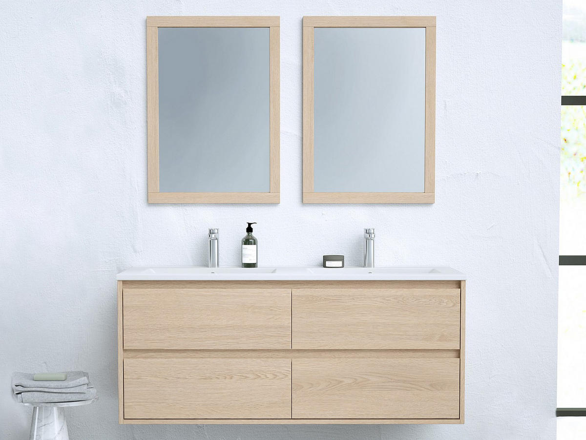 DOPPELWASCHTISCH - 120 cm x 45 cm - Holz, Platte, Keramik - Naturfarben Hell - MILIPAM - Naturfarben, Keramik/Holz (120/50/45cm) - Vente-Unique