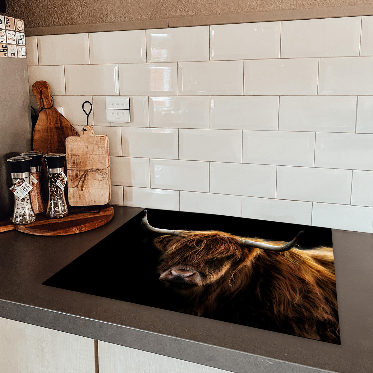 HERDABDECKPLATTE Schottischer Highlander - Hörner - Schwarz - Tiere - Natur - Wild - Kuh 65x52 cm - Cognac, Kunststoff (65/52/0.2cm) - MuchoWow