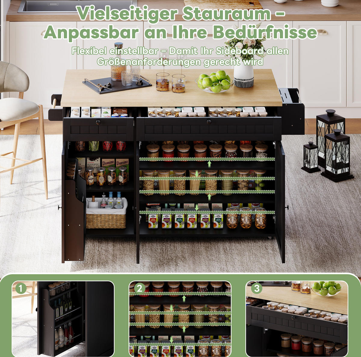KÜCHENINSEL 137/70/89,5 cm aus MDF mit klappbarer Arbeitsplatte und Rollen Natur/Schwarz - Naturfarben, Holzwerkstoff (137/89.5/70cm) - Modenvie