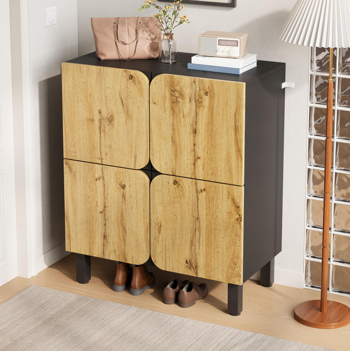SCHUHSCHRANK 80/38,5/95 cm mit 4 Türen, verstellbaren Einlegeböden und Soft-Close, Schwarz/Natur - Schwarz, Holzwerkstoff (80/95/38.5cm) - Redom