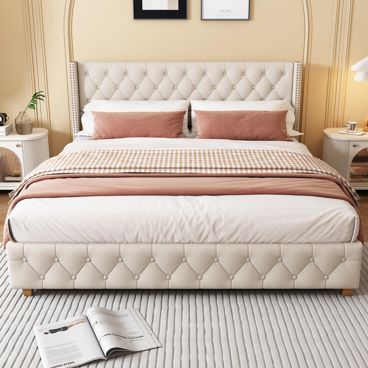 POLSTERBETT mit Leinenbezug 180x200 cm Beige mit Knopfheftung und Nietenverzierung - Beige, Textil (180/200cm) - IVMEU